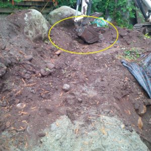 As promised last week, here is a photo of teh massive boulder I had to push back out of the way.  Yellow circle shows where it was and how little room there was between it and edge of bank.  Made for some exciting moments as I teetered back and forth on the edge of the bank with Alfie