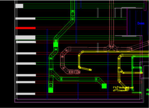 Is that not a bowl of spaghetti. Yellow represents plumbing drains, small green: plumbing vents, large green: HRV supply, and PinkyBrown: HRV exhaust.  This was the layout before the changes which represented too many offset floor trusses.  Only allowed to offset every third truss by a max of 3"